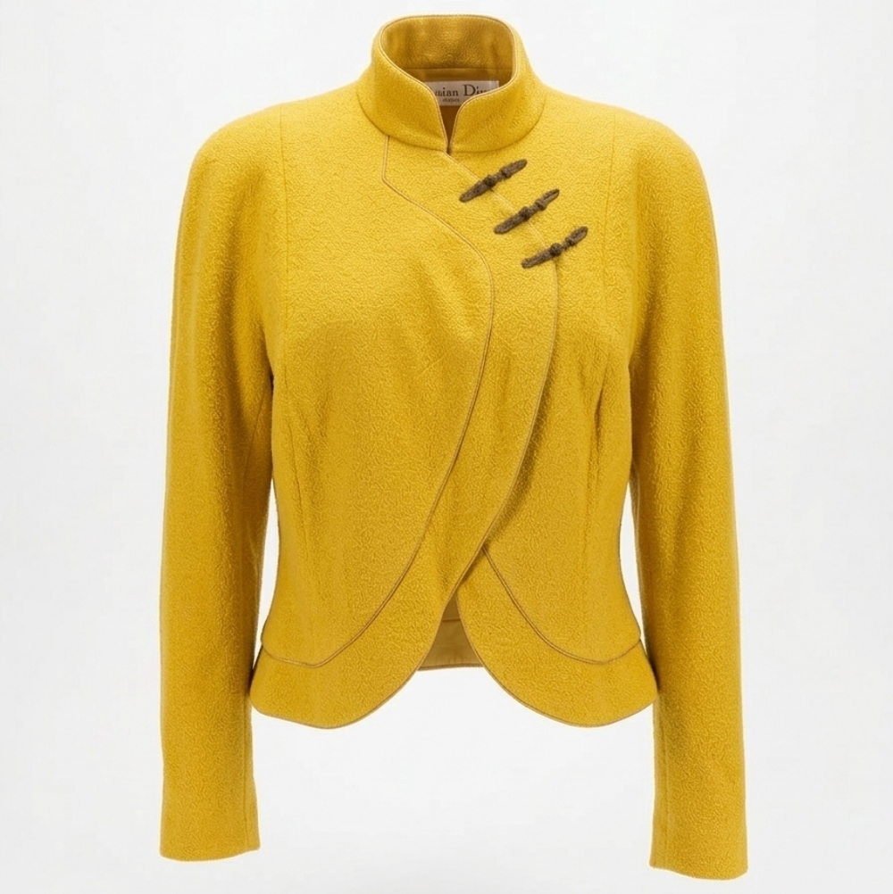 Christian Dior Boutique Rare Vintage Marigold Textured Silk Wool Wrap Jacket